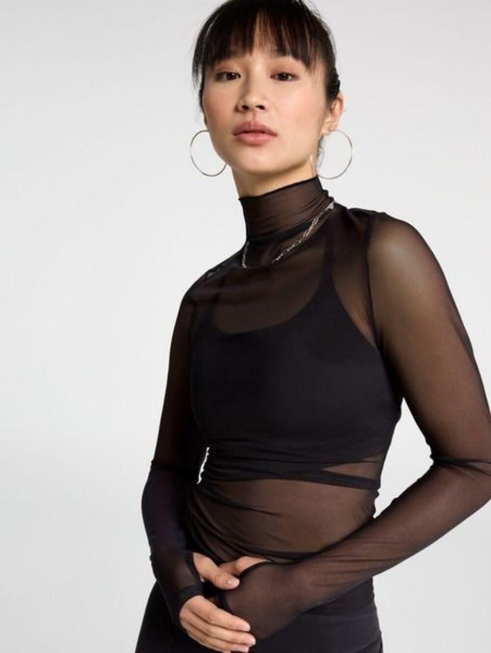CALIA Mesh Draped Funnel Pure Black Long Sleeve Top Size Small